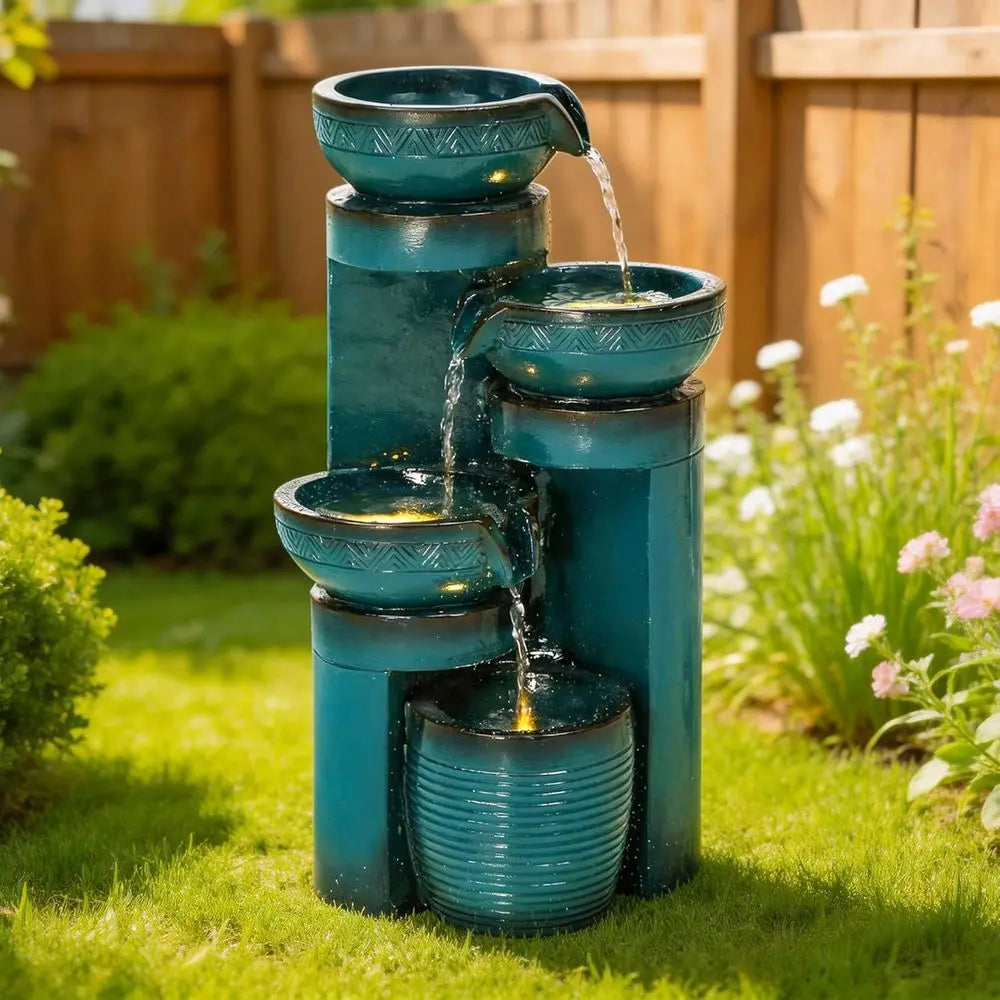Outdoor 4-Tier Cascading Water Fountain With LED Lights And Pump