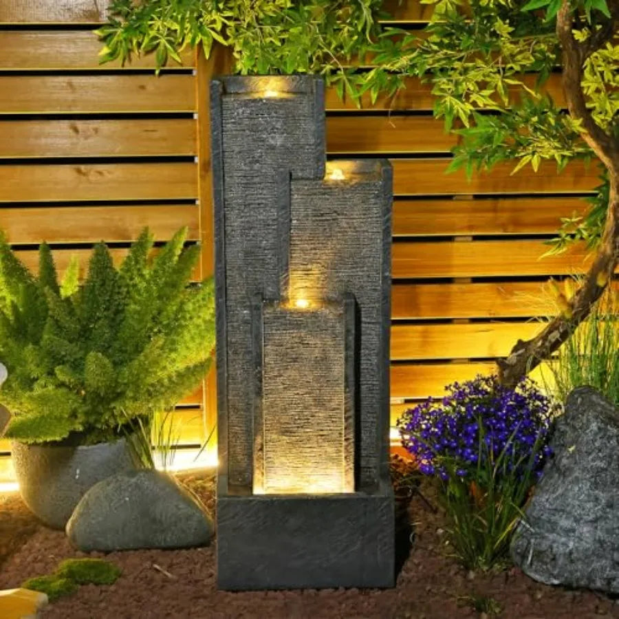 Modern Outdoor Water Fountain With Lights Resin Cascading Waterfall