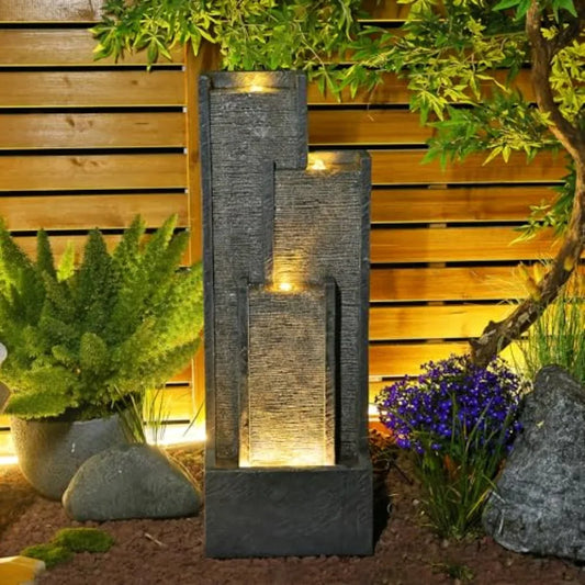 Modern Outdoor Water Fountain With Lights Resin Cascading Waterfall