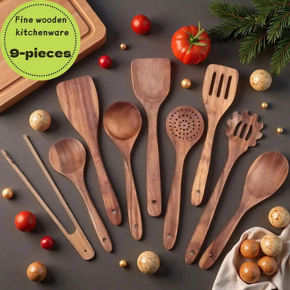 Natural Wooden Kitchen Utensil Set With Spoons Spatulas Tongs