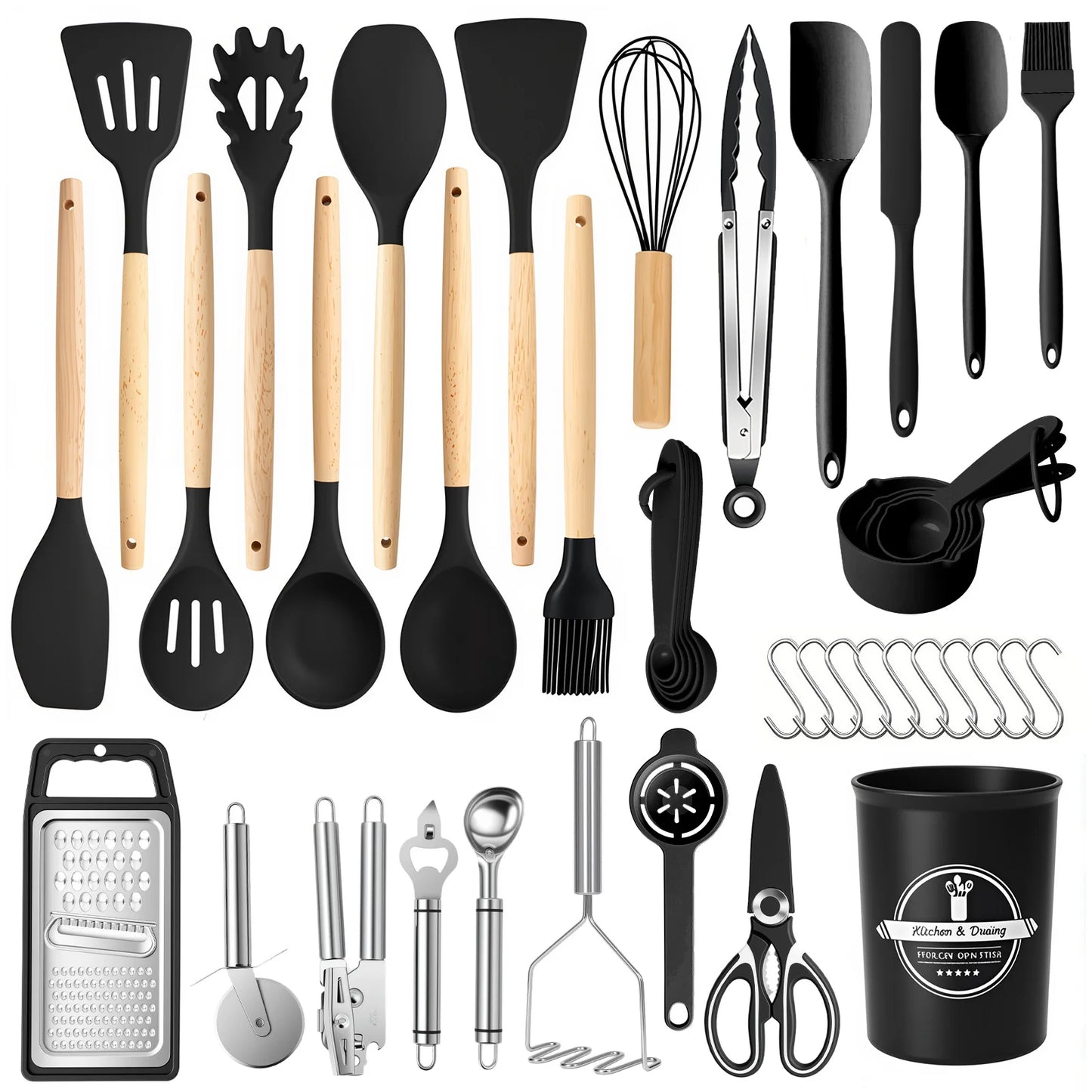 Silicone Wooden Handle 44 Piece Nonstick Kitchen Utensil Set FoodGrade