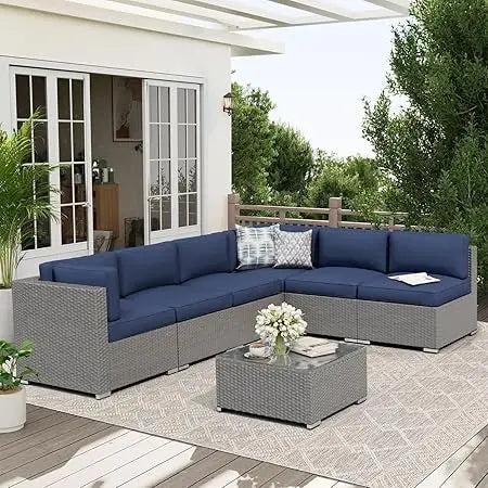 7 Piece Outdoor Patio Furniture Set With Glass Top Table